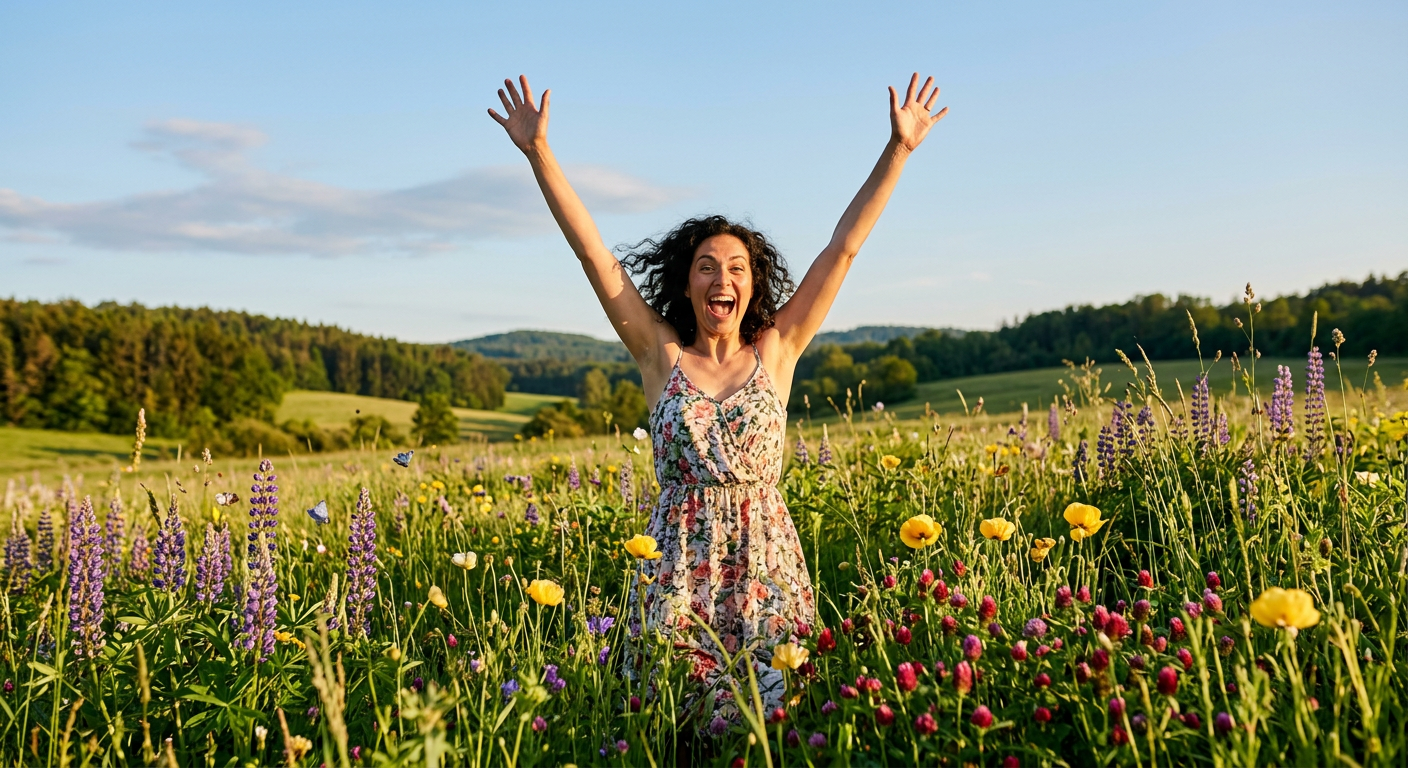 Woman in floral dress joyfully raising arms among wildflowers in meadow