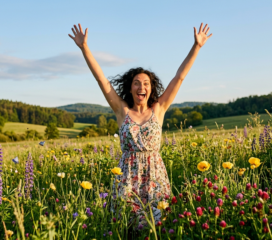 Woman in floral dress joyfully raising arms among wildflowers in meadow
